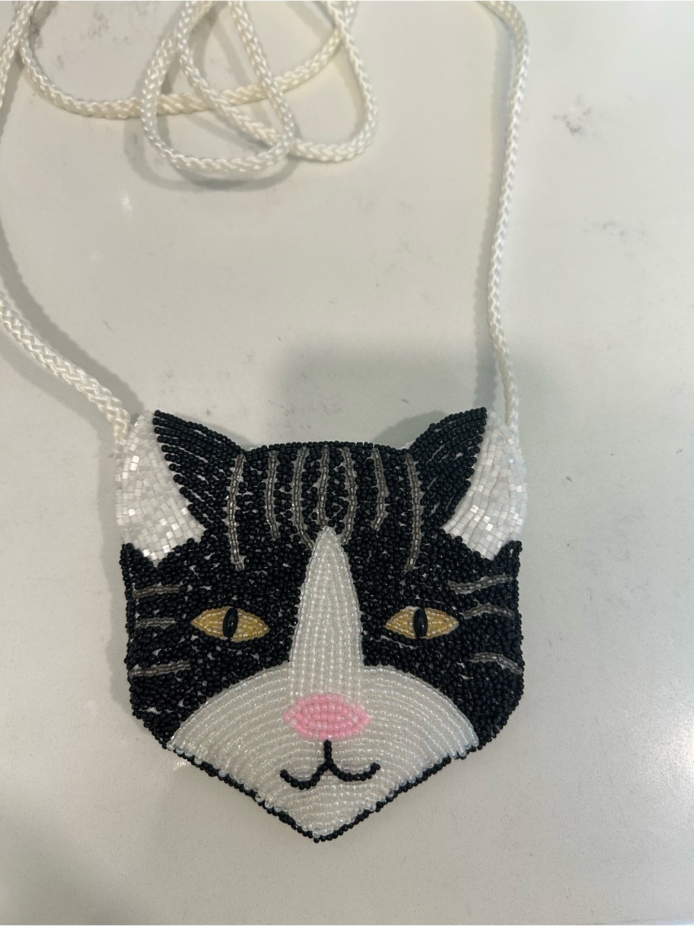 Black & White Cat Beaded Crossbody Purse